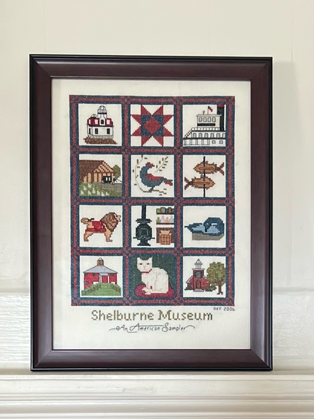 Shelburne Museum Vermont Counted Cross Stitch Framed Sampler Americana